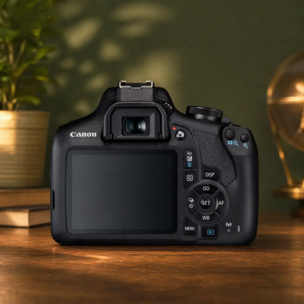 Canon EOS 2000D 876 Canon EOS 2000D Rebel T7 camera kit laid out with 18-55mm lens and travel photography gear