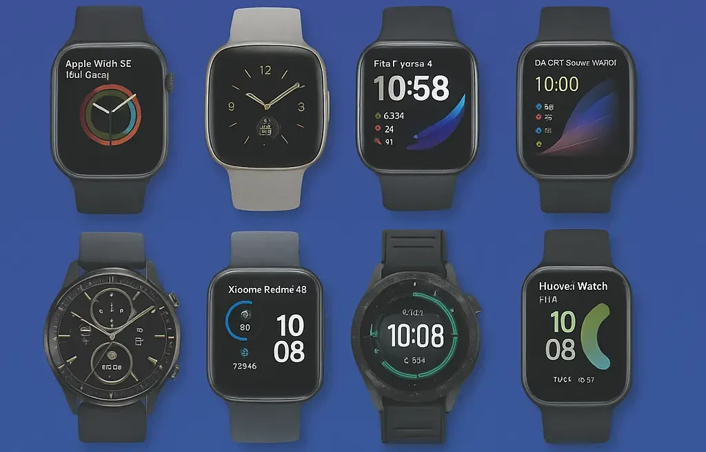 Top 10 smartwatches of 2025 displayed on a table, featuring various brands and models