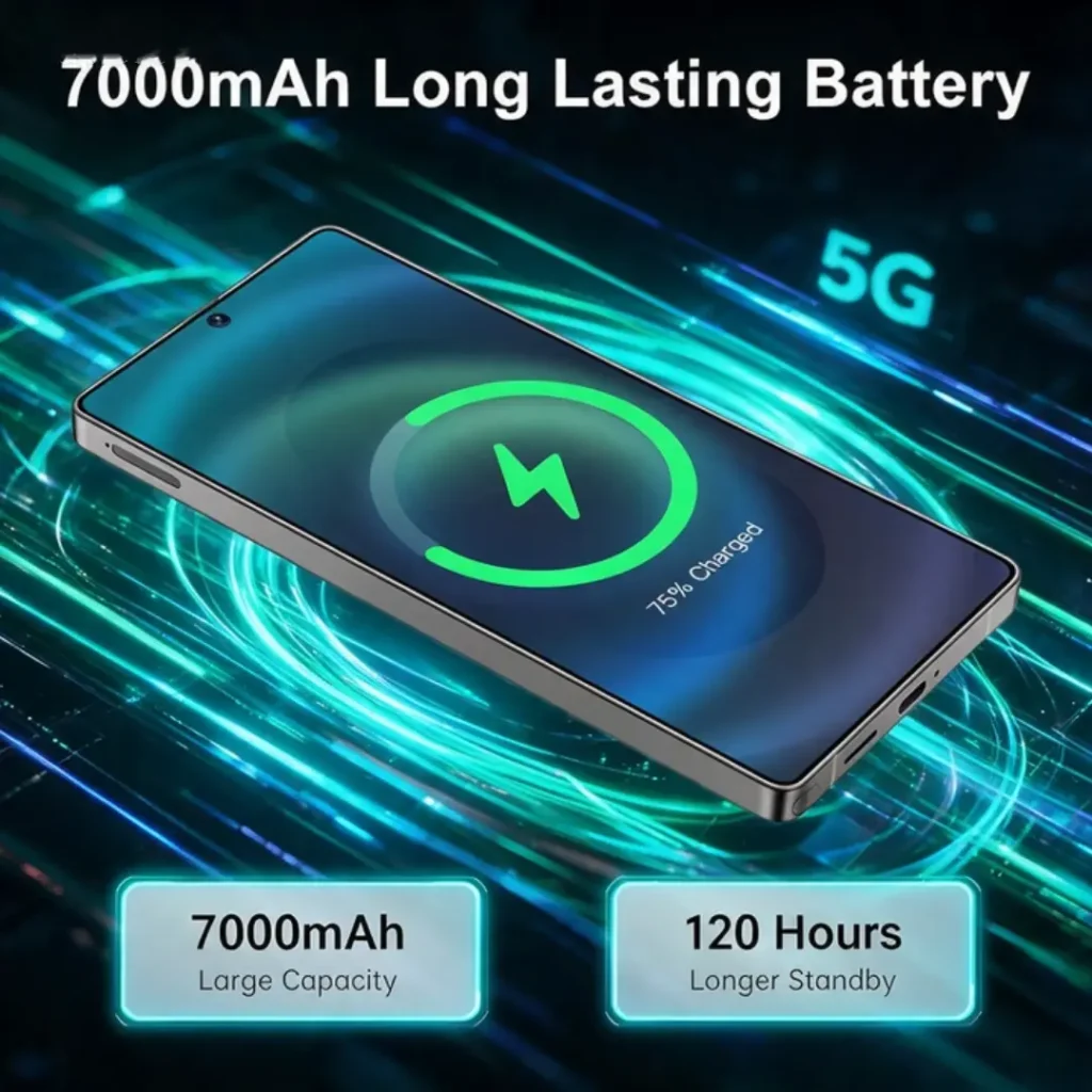 5g smart phone long lasting battery Holding the I25 Ultra 5G Smart Phone highlighting screen clarity and grip