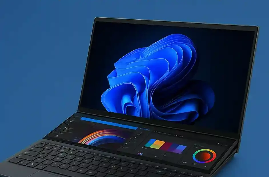 ASUS Zenbook Duo laptop with dual screens, showcasing advanced multitasking capabilities