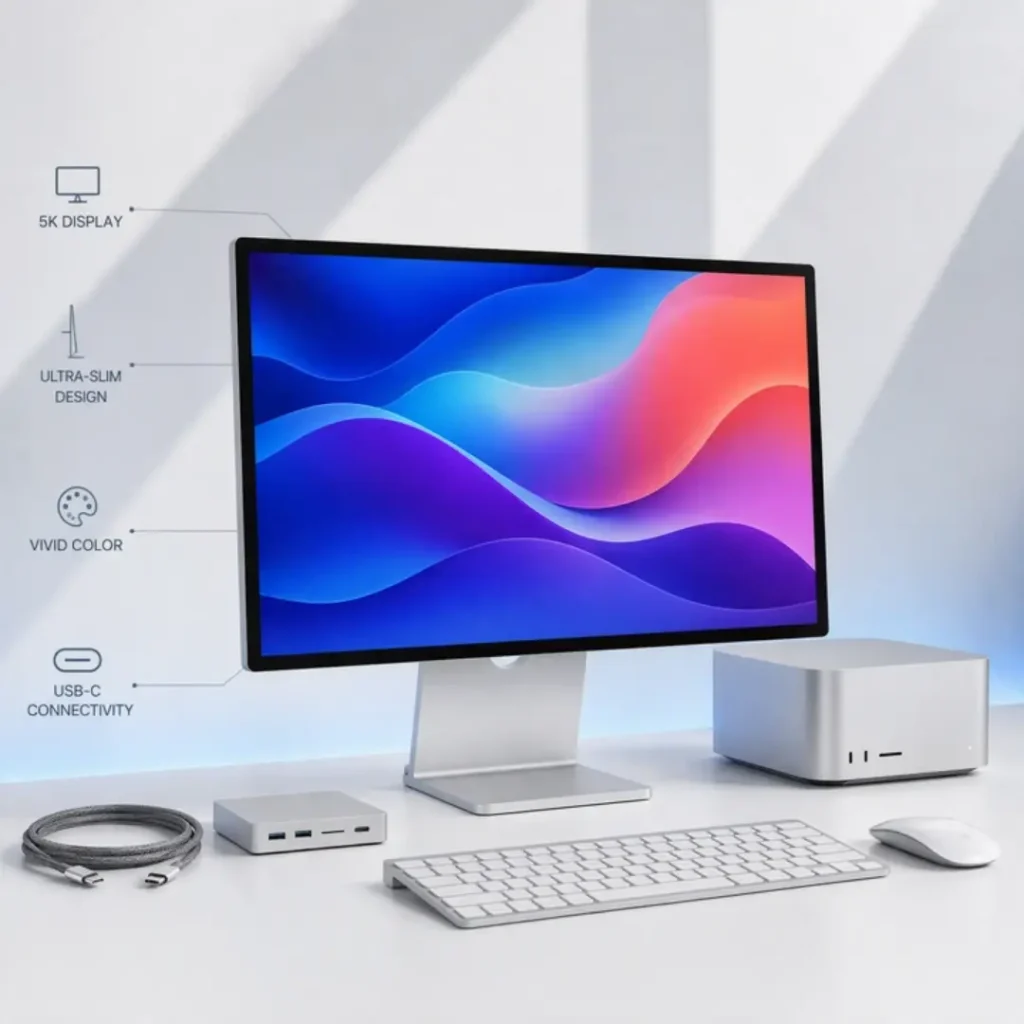 Apple Studio Display 5K monitor on a modern Mac desk setup with high-resolution visual editing workspace