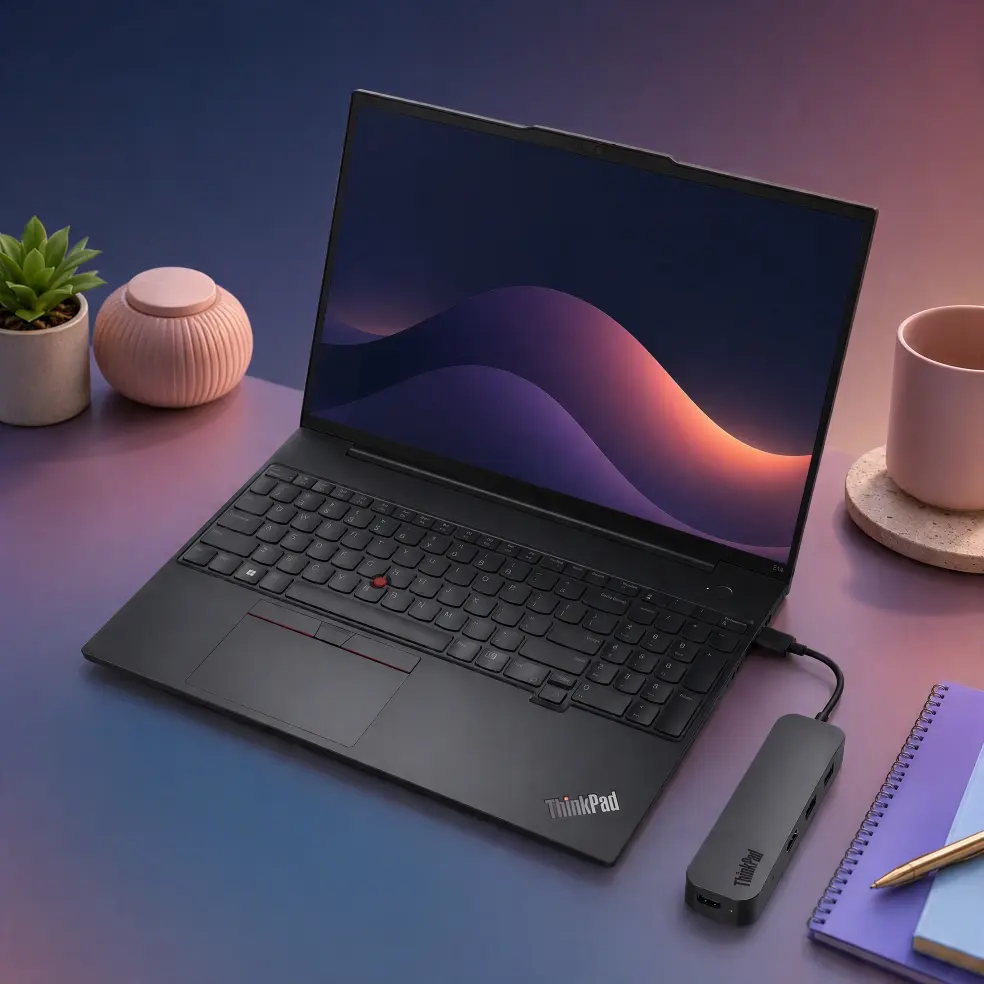 Lenovo Business Laptop 2026 Lenovo ThinkPad E16 laptop open on a clean desk displaying performance details and specs.