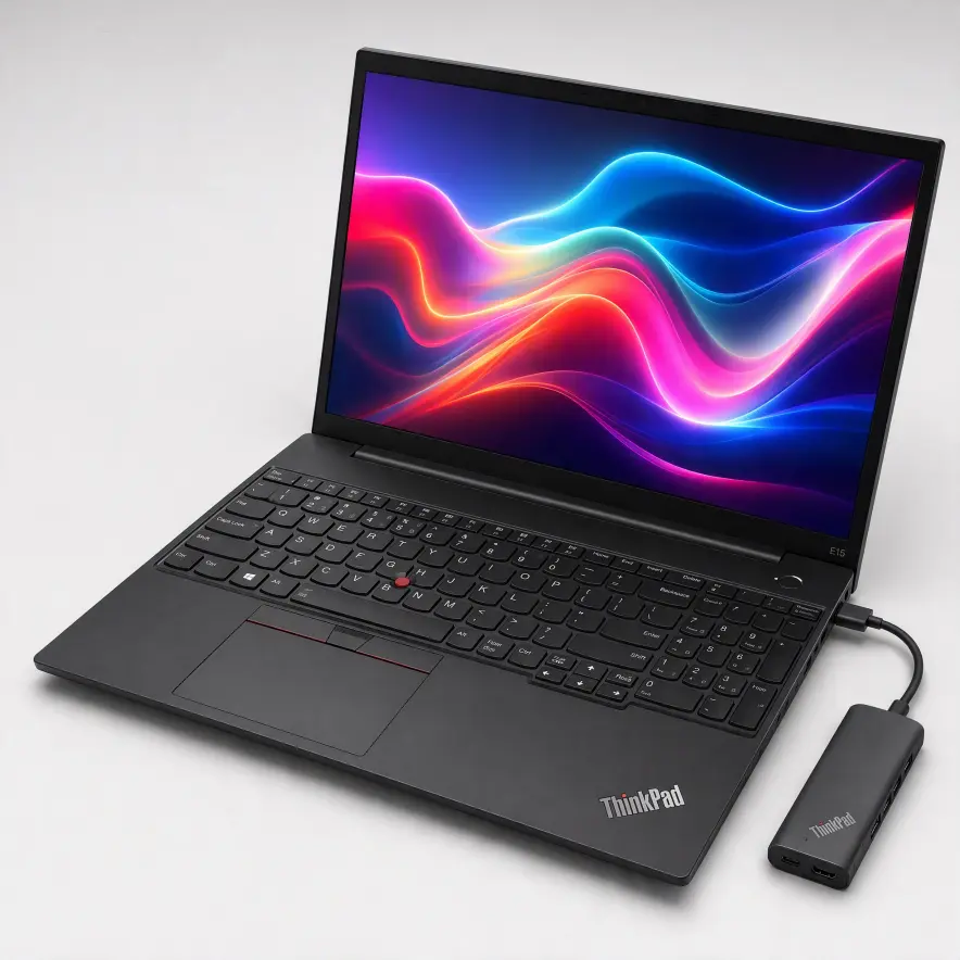 Lenovo ThinkPad E16 Business 2026 A modern black Lenovo ThinkPad E16 laptop open on a clean office desk displaying Windows 11, with text overlays highlighting Ryzen 7 performance and a call-to-action button to read the full review on One1Mart.