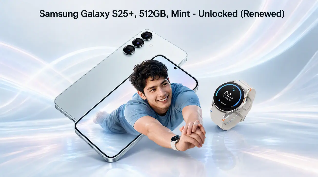 Samsung Galaxy S25 base model standing on a clean desk displaying screen