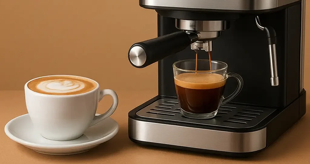 Espresso machine with 15-bar pressure and LCD display, featuring a stainless steel design