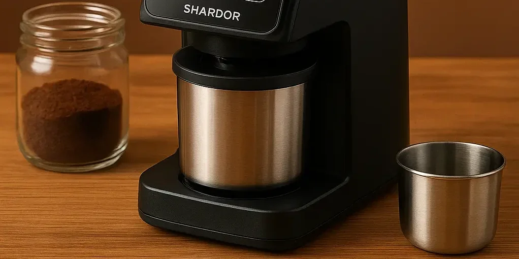 SHARDOR coffee grinder with 64mm burrs, stainless steel body, and adjustable grind settings.