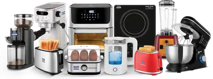 Modern smart kitchen gadgets collection including coffee grinder, toaster, air fryer, egg boiler, blender, induction cooktop, and stand mixer.