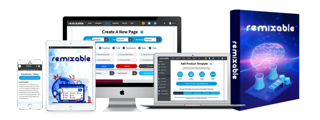 Laptop displaying Remixable logo for online business software.