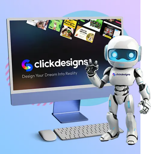 ClickDesigns Commercial AI-powered graphic design software creating stunning visuals for websites, blogs, social media, and sales funnels in minutes