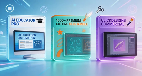 Feature image showing three digital products: AI Educator Pro for education content, 1000+ Premium Cutting Files Bundle for crafting, and ClickDesigns Commercial for graphic design automation