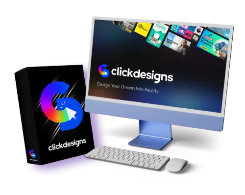 AI Tool clickdesigns Commercial ClickDesigns Commercial AI dashboard showing drag-and-drop interface for creating marketing graphics