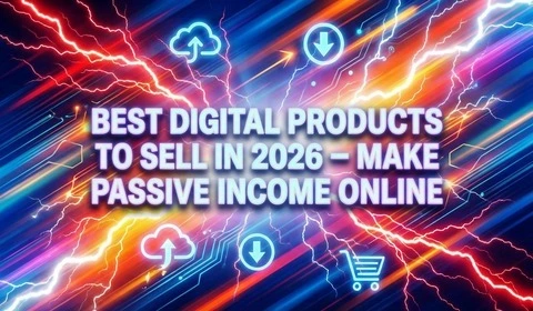 Best digital products to sell 2026 make passive income online text on flash background.