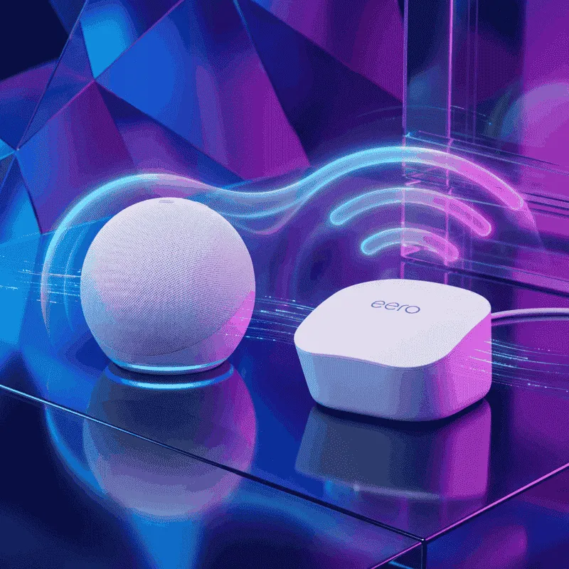 Amazon Echo Dot smart speaker showing illuminated LED light ring with custom One1Mart tech background