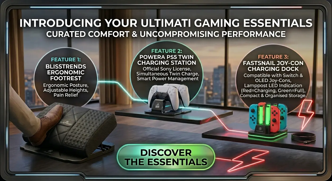 Comprehensive gaming setup accessory collection for PC, PS5, and Nintendo Switch, featuring ergonomic footrest, RGB mechanical keyboard and mouse, PS5 DualSense charger, gaming headset, and Switch Joy-Con charging dock on a sophisticated desk