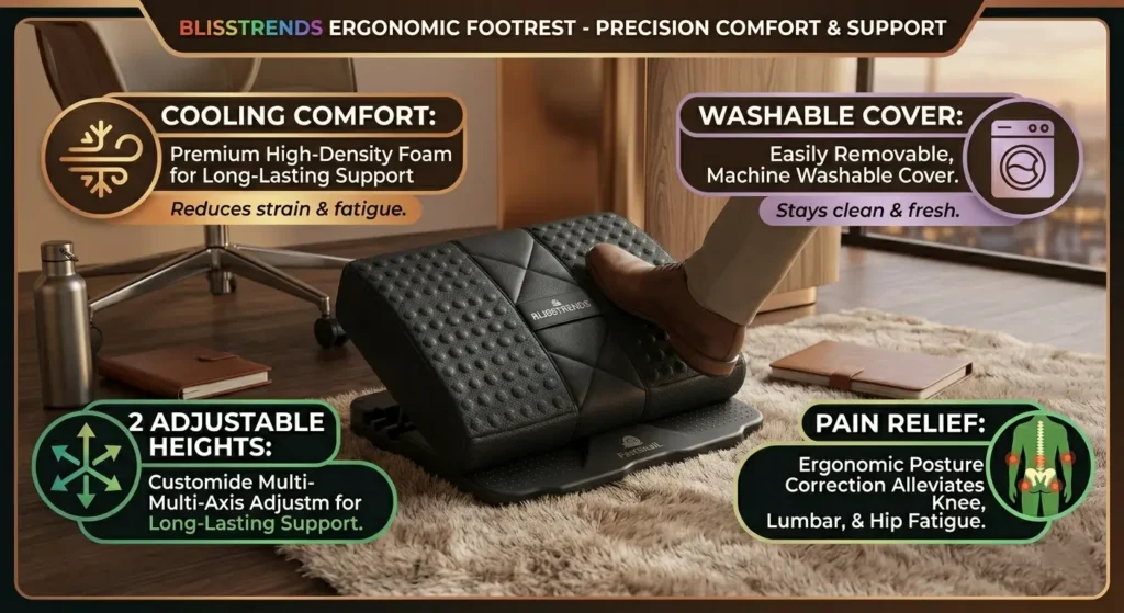 BlissTrends Ergonomic Foot Rest under desk for office and home setup, adjustable height foam footstool for back and knee pain relief