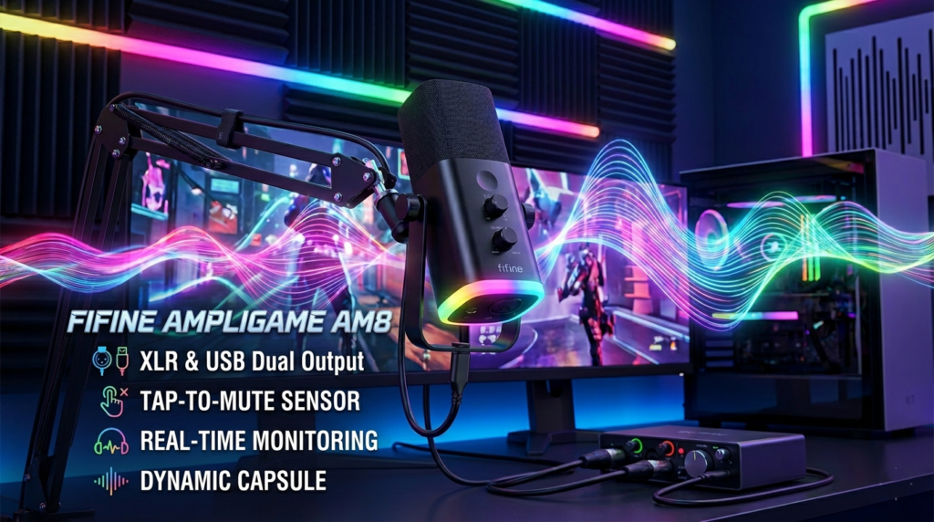 FIFINE AmpliGame AM8 USB XLR dynamic studio microphone with RGB lighting on a desktop stand.