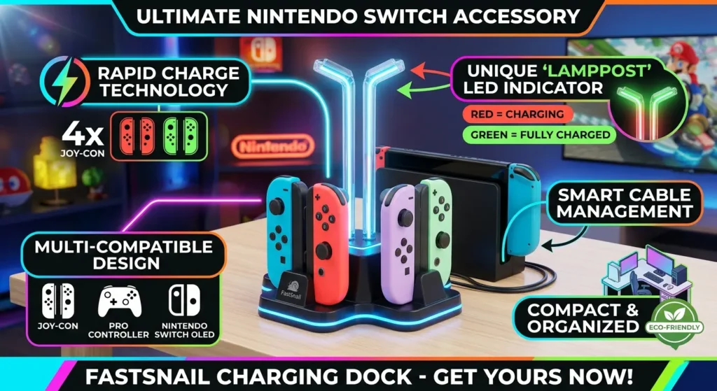 FastSnail Charging Dock for Nintendo Switch and OLED Model Joy-Cons with Lamppost LED indicator lights and charging cable
