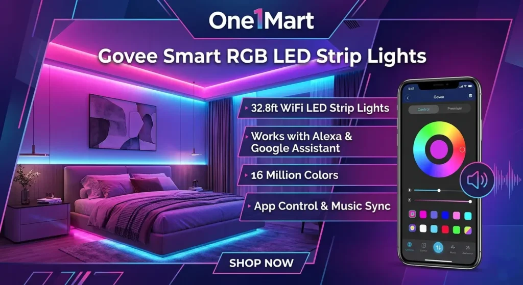Govee Smart RGB LED Strip Lights setup in a modern bedroom with neon colorful ambient lighting