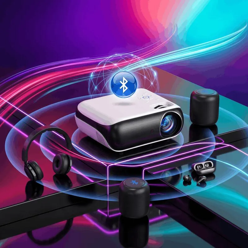 HAPPRUN Native 1080P Projector displaying a large cinema screen with custom One1Mart tech background