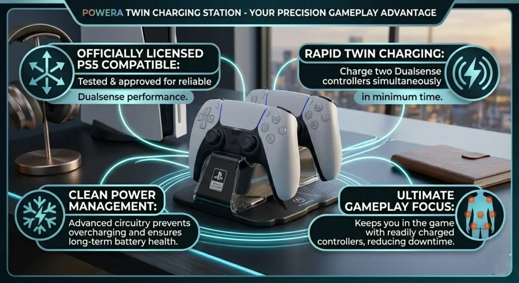 PowerA Twin Charging Station for PS5 DualSense wireless controllers, officially licensed PlayStation 5 dual controller charging dock stand