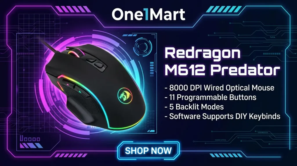 Redragon M612 Predator RGB Gaming Mouse glowing on a dark futuristic background with HUD elements