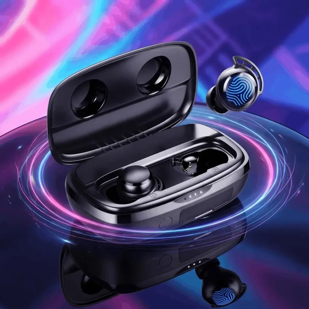 Tribit FlyBuds 3 wireless earbuds showcasing custom One1Mart tech background with heavy duty charging case