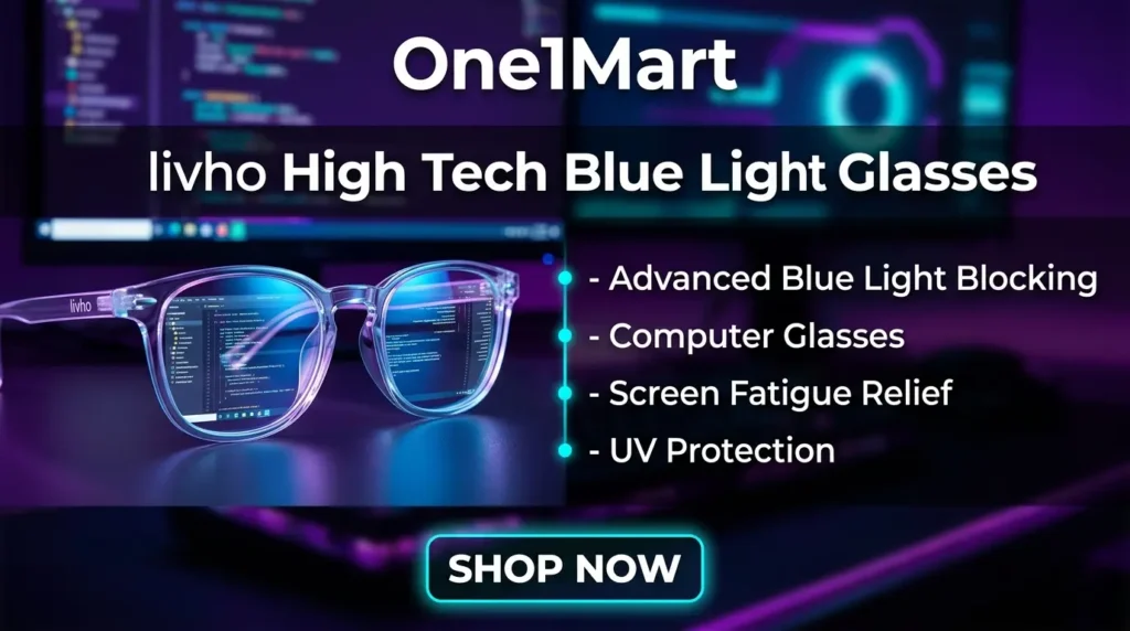Livho High Tech Blue Light Glasses placed on a desk in front of a computer screen showing code