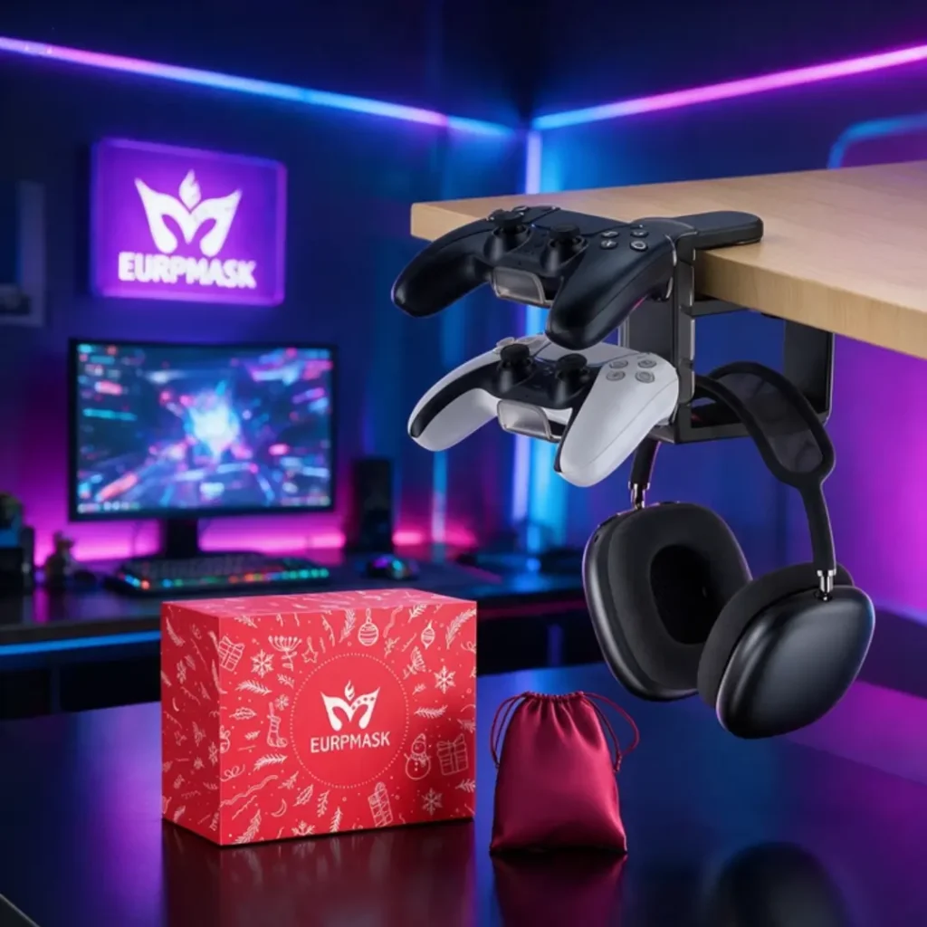 EURPMASK 3-in-1 rotating under desk headphone holder clamp, one of the best desk upgrades for gaming setup organization.