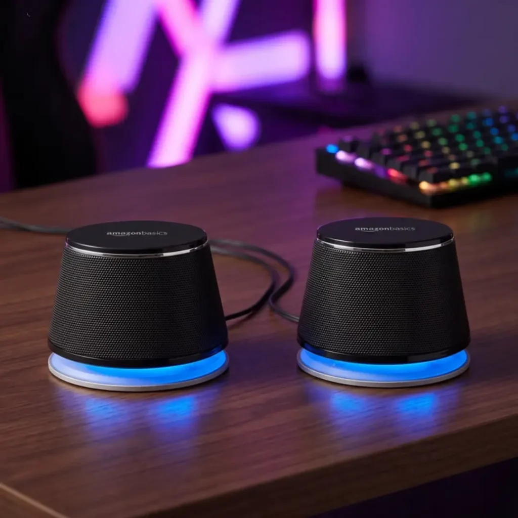 Amazon Basics Stereo 2.0 USB-powered PC speakers placed on a desk, featured as one of the best desk upgrades for budget audio.