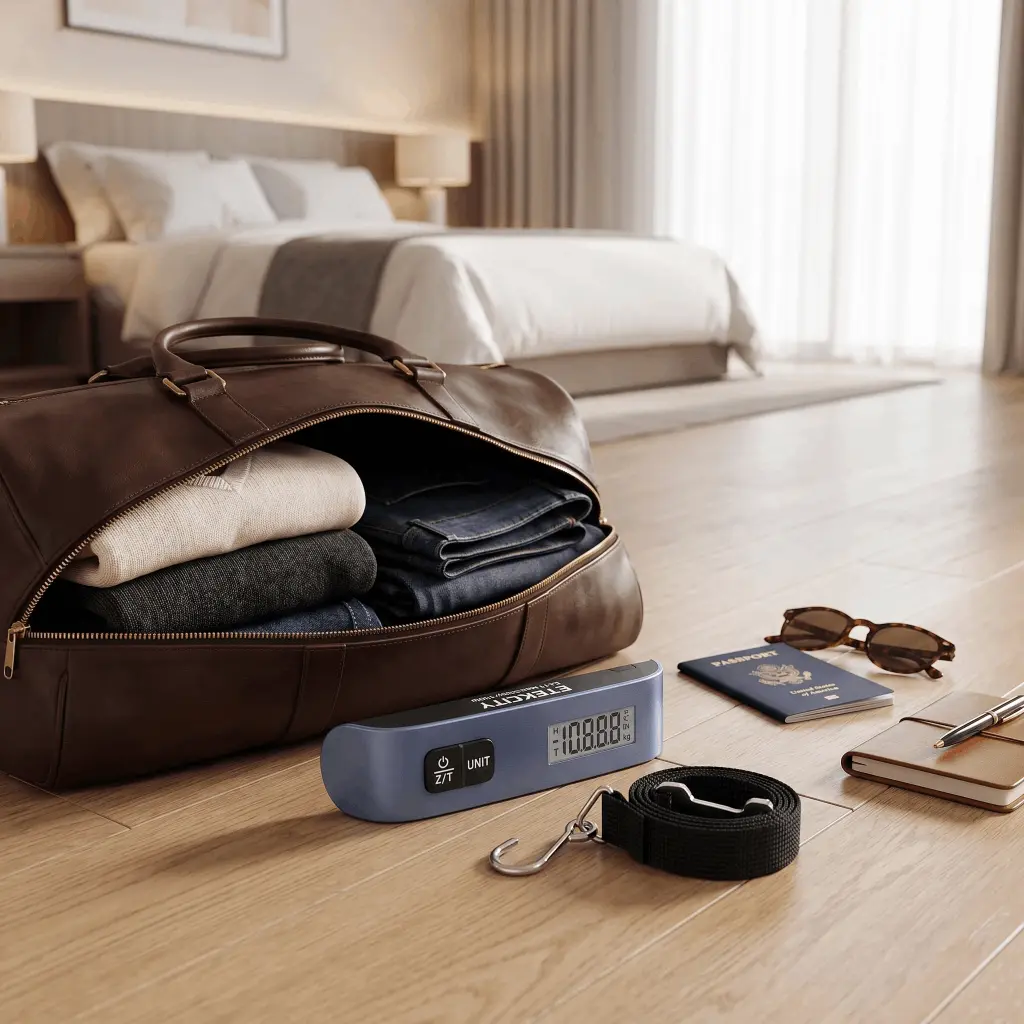 Etekcity Digital Luggage Weight Scale Blue Etekcity digital luggage weight scale weighing a travel suitcase over a modern travel background