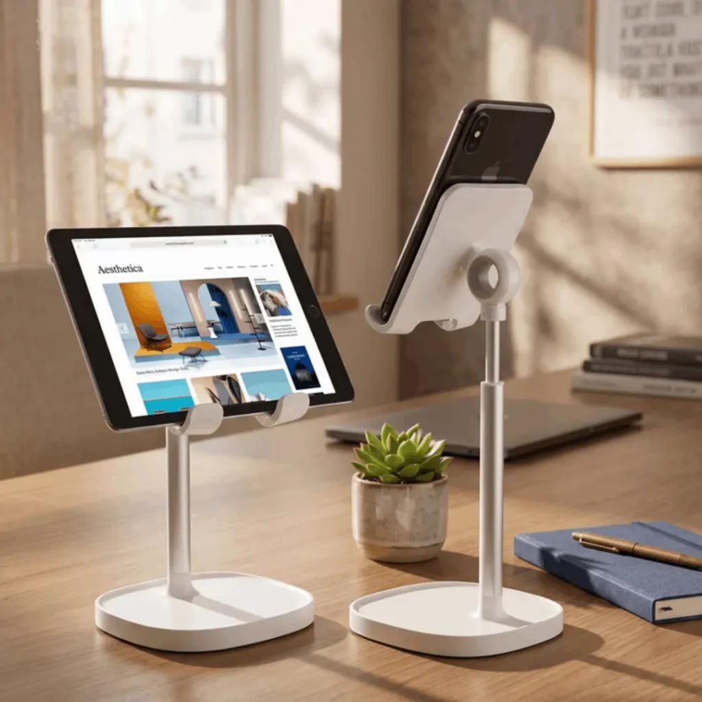LISEN Adjustable Cell Phone Stand for Desk White LISEN adjustable cell phone stand holding an iPhone 16 on a modern computer office desk setup