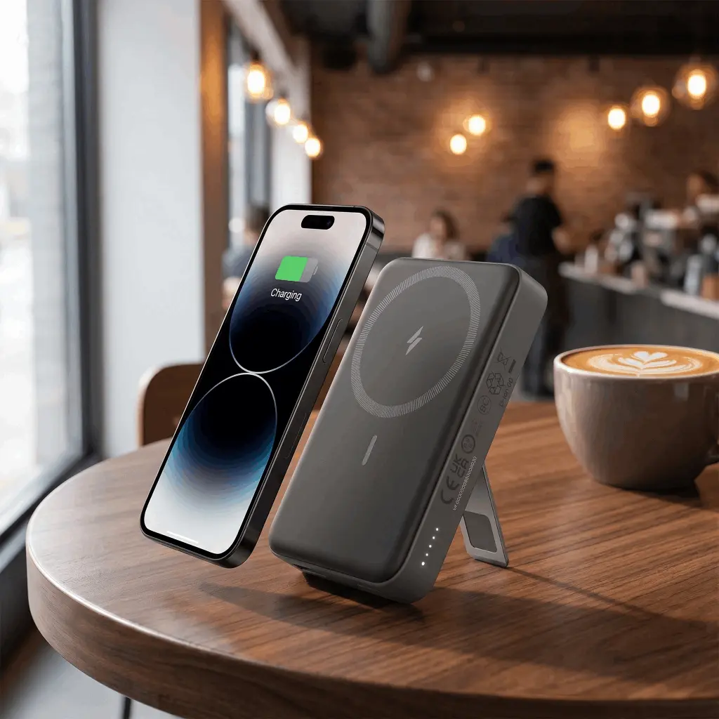 Untitled image(34) Black Anker 633 magnetic wireless portable power bank with a built-in foldable kickstand charging an iPhone wirelessly