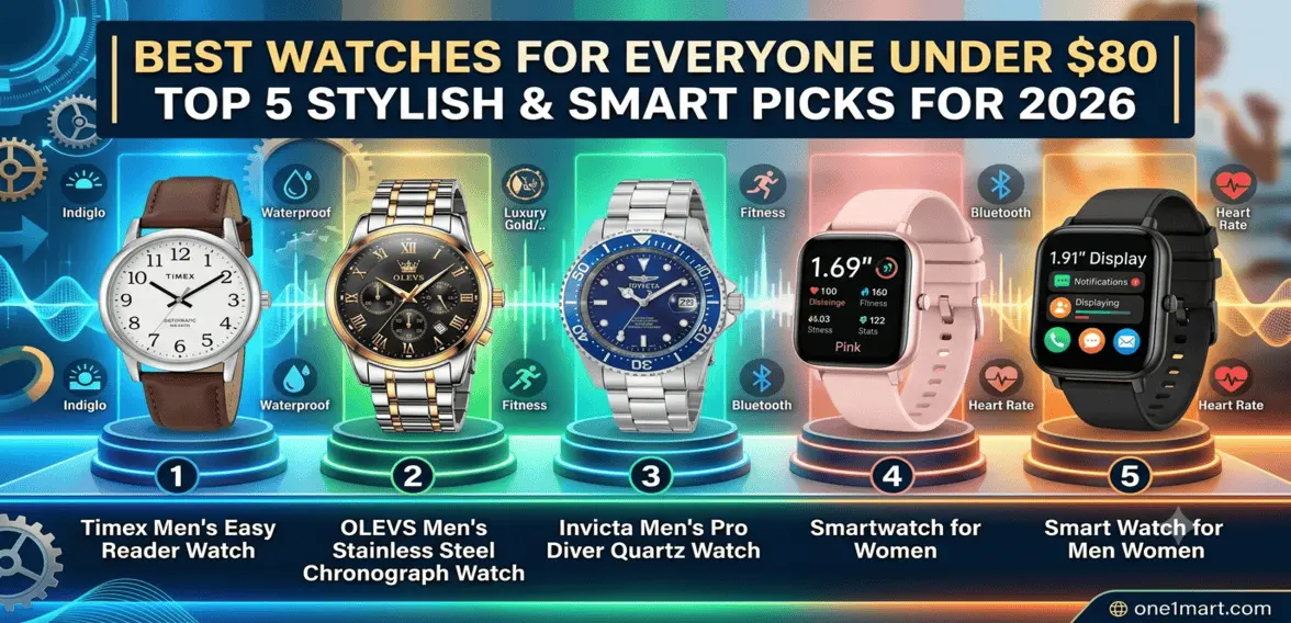 Best watches for everyone under $80 including Timex Easy Reader, OLEVS Chronograph, Invicta Pro Diver, and fitness smartwatches.