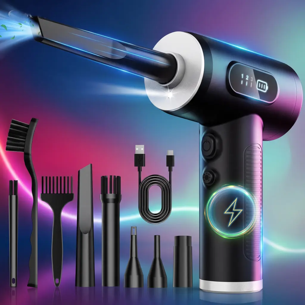 FRESMOL Compressed Air Duster pgrade Your Workstation using Rechargeable Electric Duster, FRESMOL rechargeable cordless electric air duster blowing dust out of a gaming PC tower fan and mechanical keyboard.