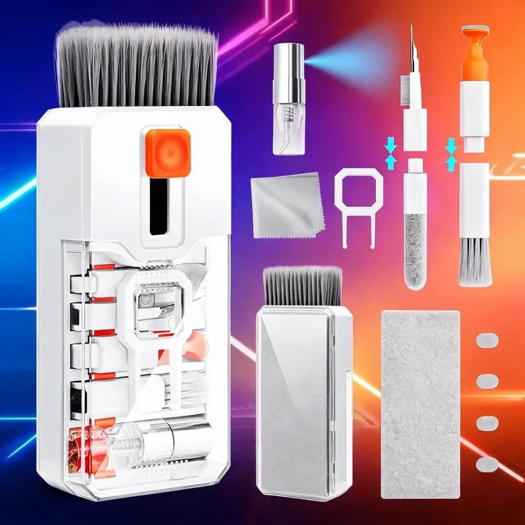 Keyboard Cleaner & Laptop Cleaning Kit Upgrade Your Workstation with 3-in-1 Cleaning Kit. All-in-1 keyboard cleaner and laptop cleaning kit with brush, keycap puller, and screen spray on a clean wooden desk.