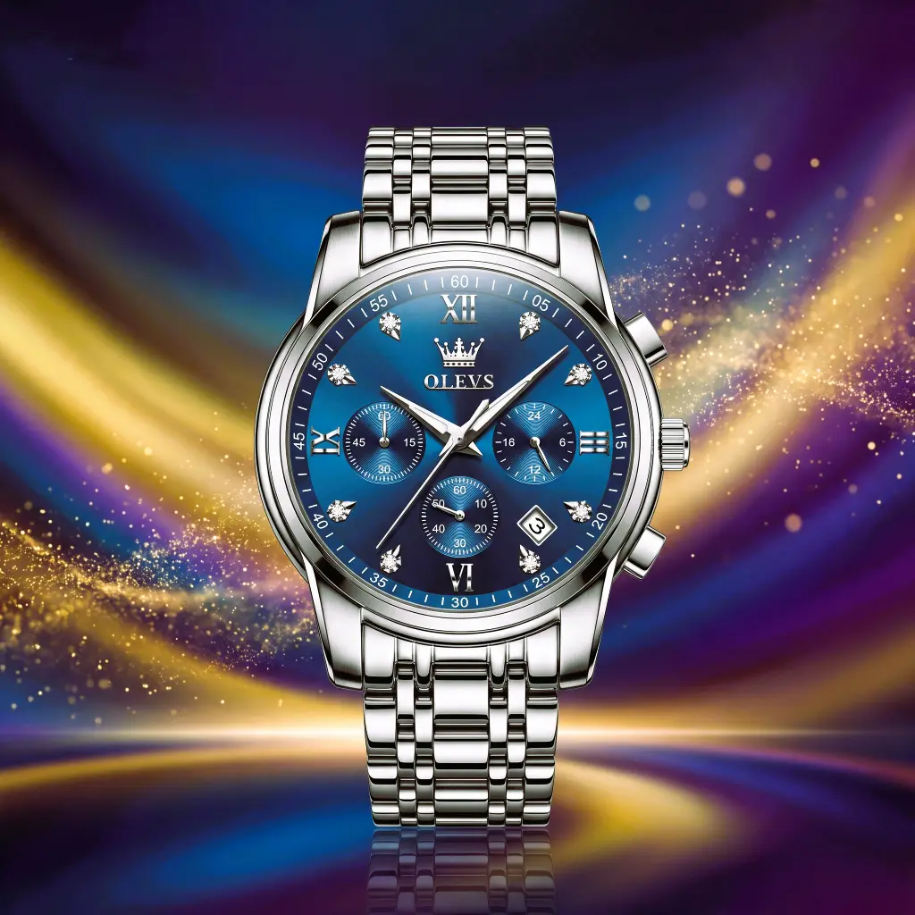OLEVS Mens Stainless Steel Chronograph Watch OLEVS mens chronograph watch with gold and silver stainless steel bracelet and black dial.