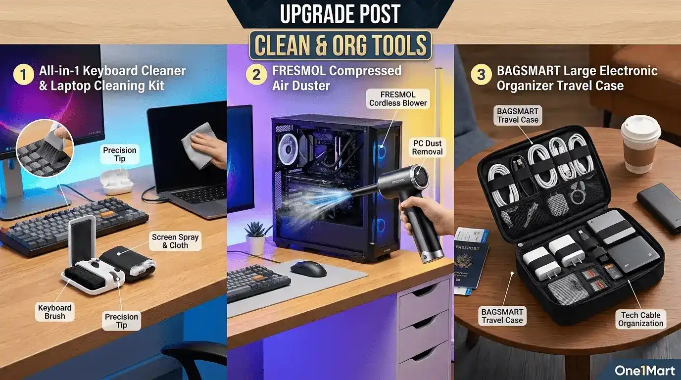 An All-in-1 keyboard cleaner actively removing dust, a hand using a FRESMOL electric air duster to clean a PC tower, and an open BAGSMART tech travel case with organized cables and accessories, all set within a clean, colorful modern workstation with the One1Mart logo.