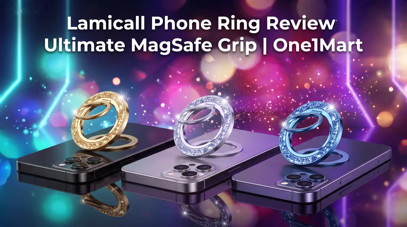 Lamicall Phone Ring attached to a MagSafe smartphone on a wooden desk setup