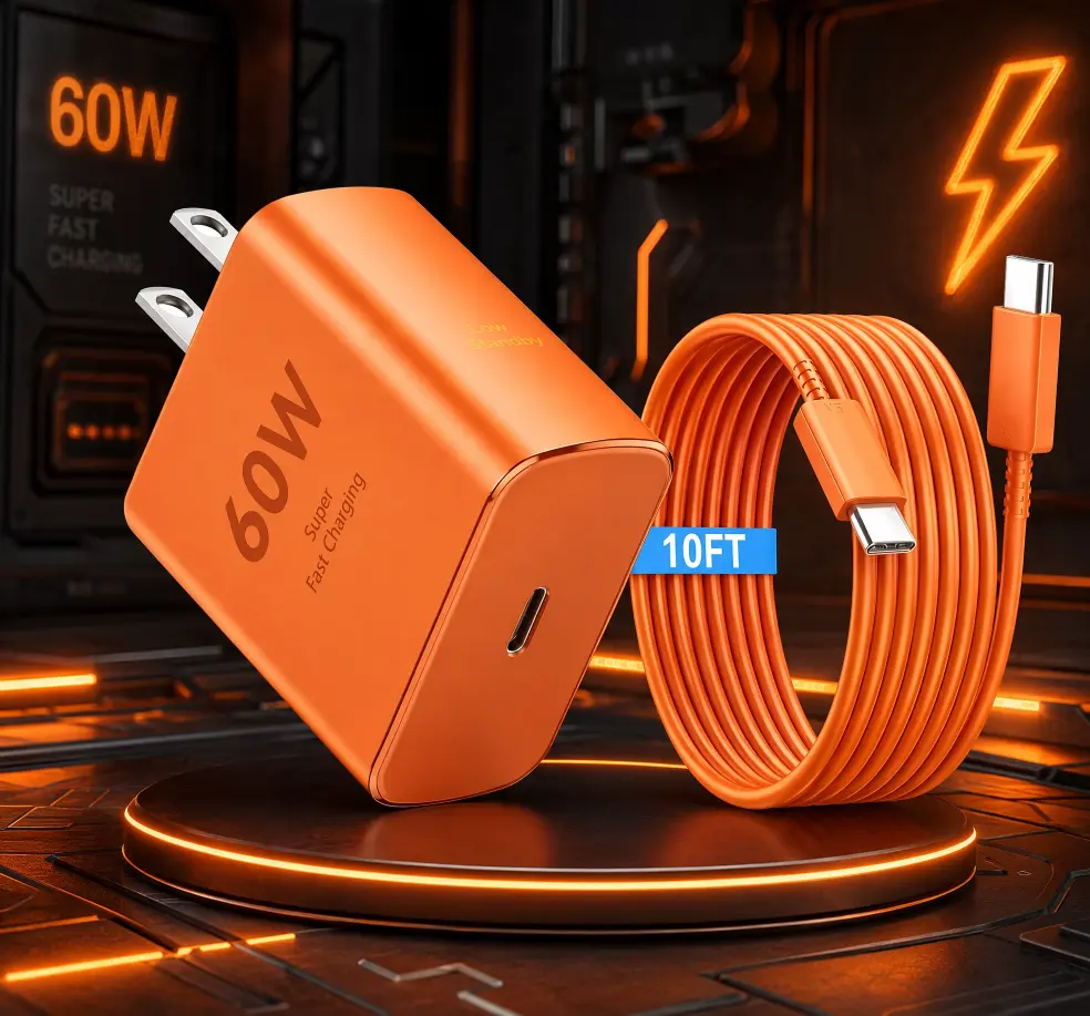 60W USB Type C Super Fast Charger with braided Android fast charging cord.