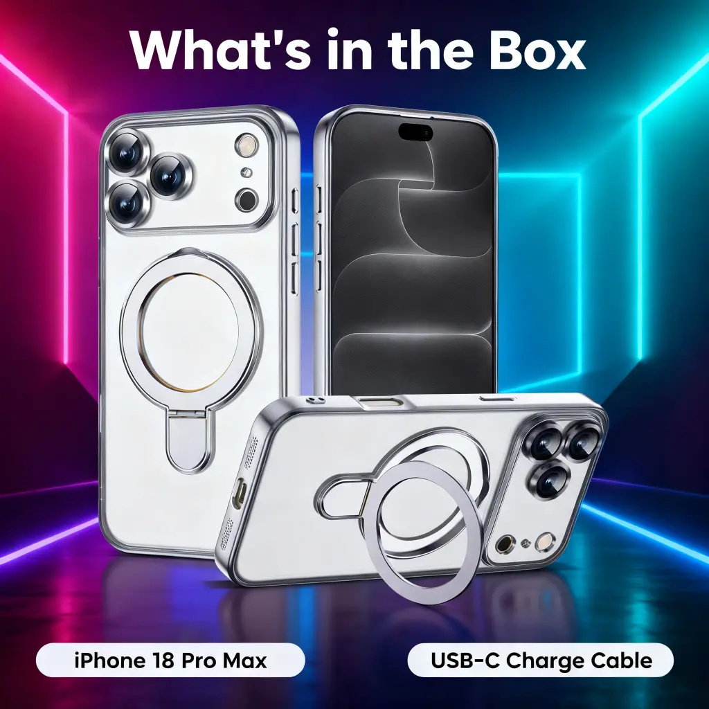 Unboxing package layout displaying iPhone 18 Pro Max box, USB C dual chargers, cables, and magnetic ring stand clear case.