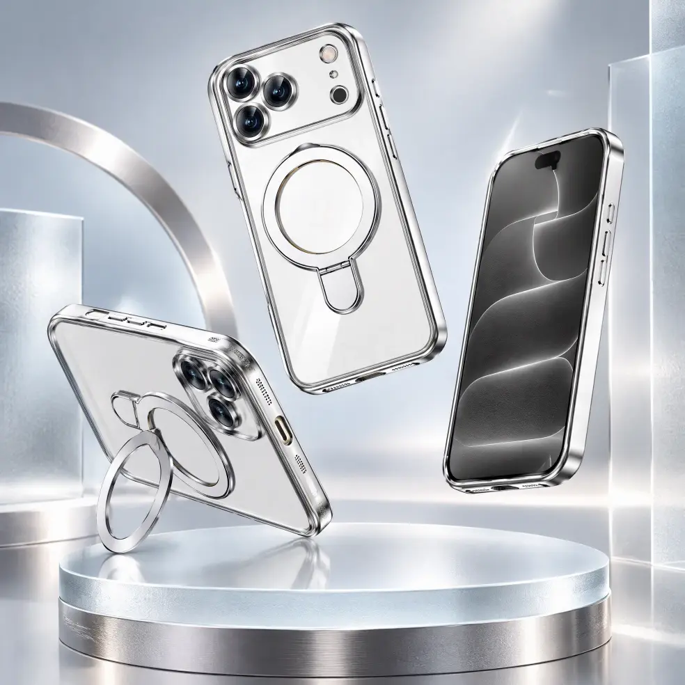 Plating clear case for iPhone 18 Pro with 360-degree magnetic ring stand and full camera protection.