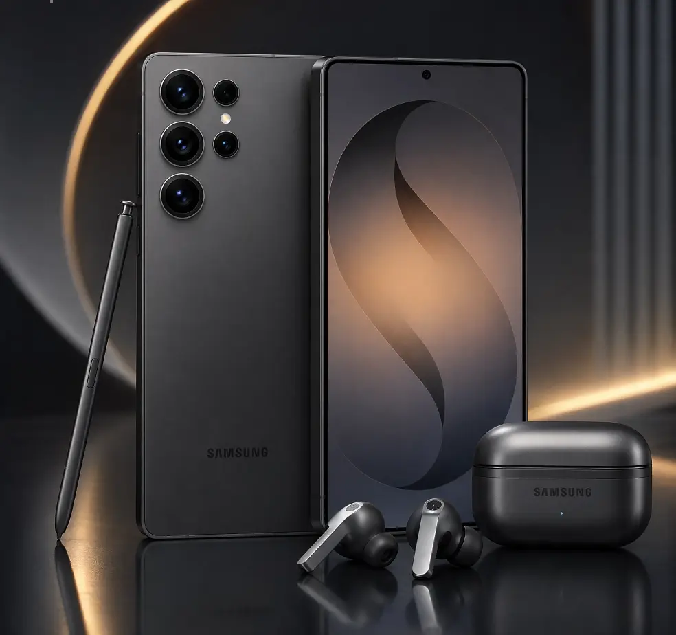 Samsung Galaxy S26 Ultra Stealth Black edition smartphone paired with Galaxy Buds4 Pro wireless earbuds.