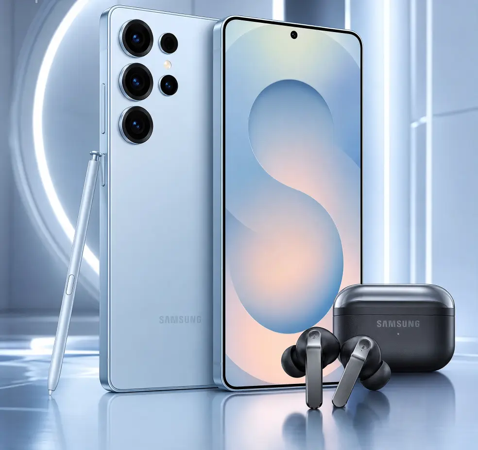 Samsung Galaxy S26 Ultra Sky Blue edition smartphone alongside Galaxy Buds4 Pro wireless earbuds.