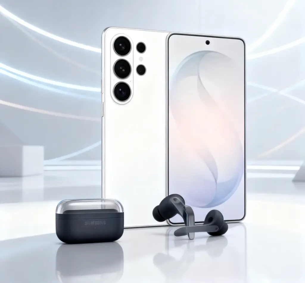 Samsung Galaxy S26 Ultra White edition smartphone with Galaxy Buds4 Pro on a modern clean background.